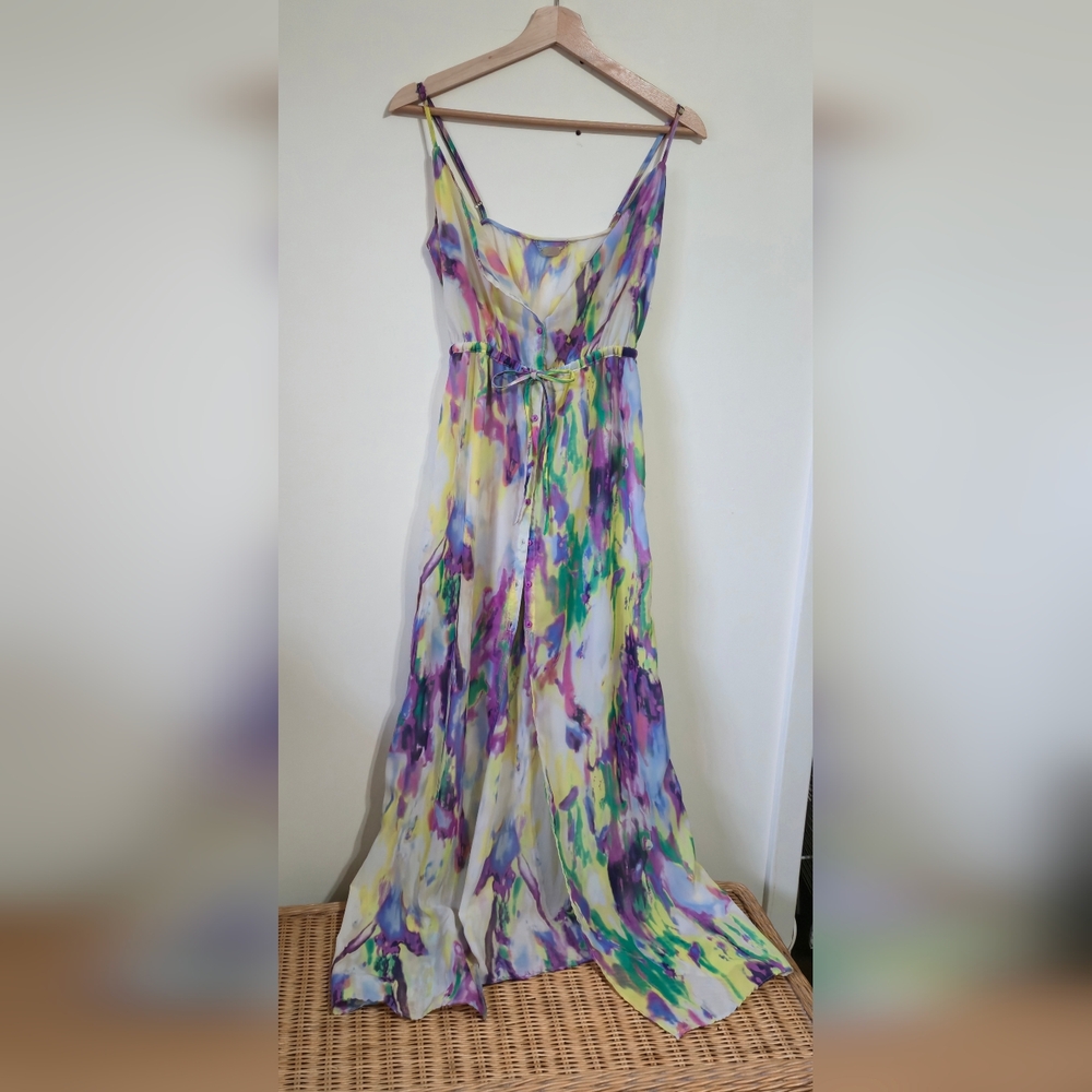 ALI & KRIS Vibrant Maxi Dress w Full Button Front, Purple Green Yellow, Small